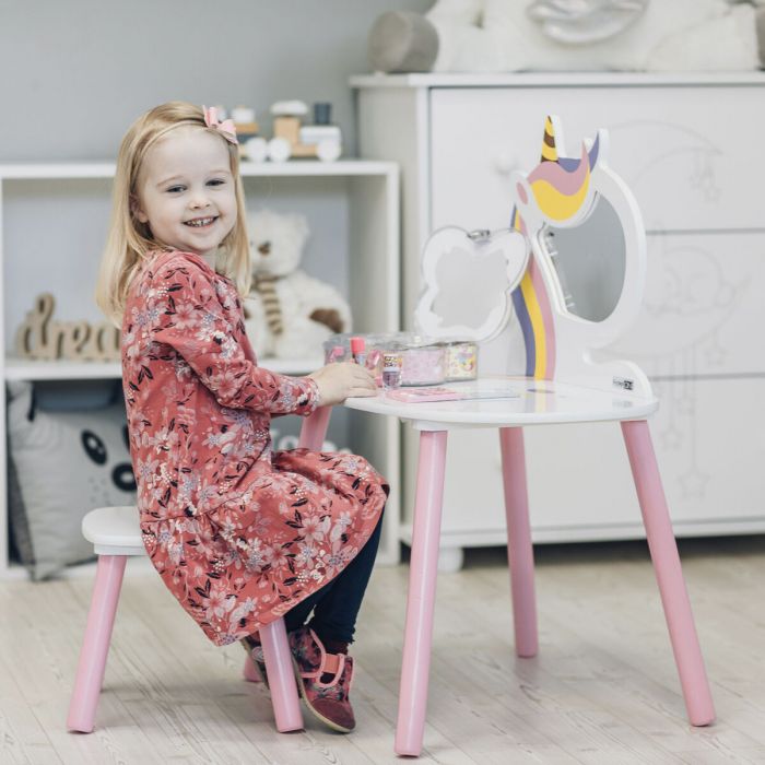 Autonoom Rijden St Baby-Budget | FreeON Houten kaptafel met spiegel voor kinderen - Speeltafel  met Stoeltje Unicorn | Baby-Budget